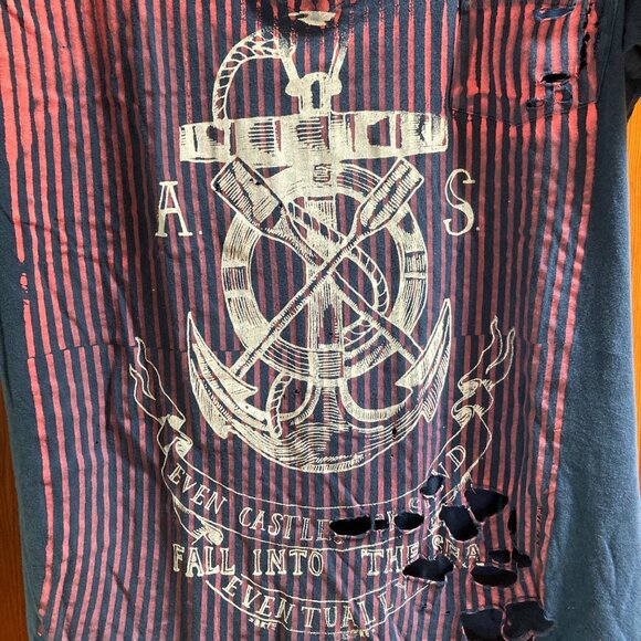 Alternative Brand - Blue Pink & White Distressed V Neck T Shirt with pocket - M - Picture 3 of 10